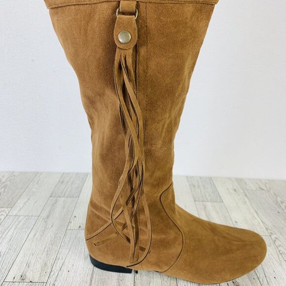 Mudd Womens Reto Tall Boots Size 6.5 Cognac Brown Hippie Bohemian Fringe Tassel - Picture 11 of 14